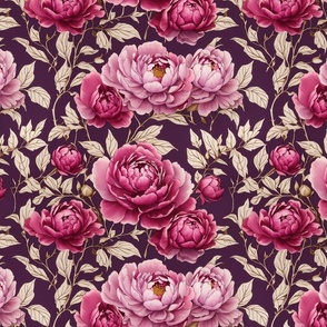 Rich Pink Peony Floral on Eggplant Background