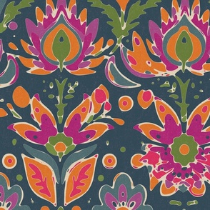 Scandinavian Abstract Floral Pattern Vintage Jewel Tones Blues Purples Magentas Oranges Greens