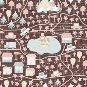Seamless design with a city map - cars, trees, houses, roads in a children's style on a brown background