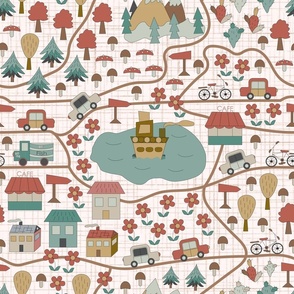 Seamless design with a city map - cars, trees, houses, roads in a children's style on a white background