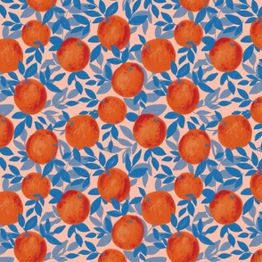 Oranges and blue, turquoise and cyan leaves in soft baby pink -Medium scale  -3