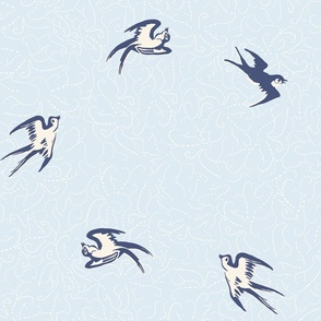 Birds Flying in a Blue Sky with Swirly Clouds