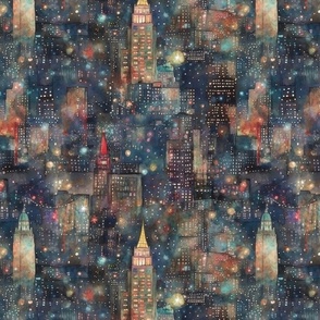 New York City at New Year's in Watercolors with Fairy Lights and Landmarks