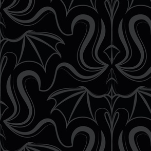 Large jumbo scale // Whimsical dragon creatures // black on black fantastic magical legendary beasts folklore decorative arts inspiration halloween whimsigothic wallpaper 