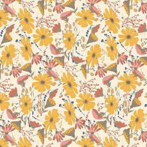 Wildflowers Quilt Block Floral Print in Mustard Yellow Orange Blue and Brown on cream