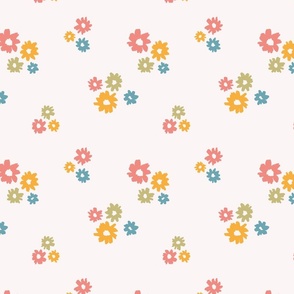 Pink, yellow, green and blue cute playful daisy flowers motif
