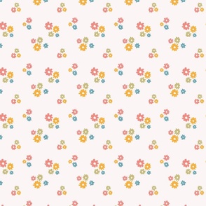 Micro pink, yellow, green and blue cute playful daisy flowers motif