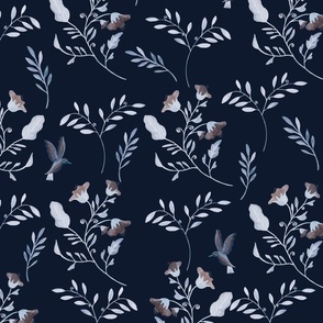 Bluebells and Bluebirds Floral Pattern on Midnight Blue 