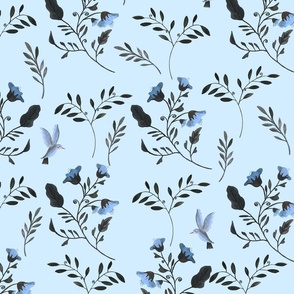 Pale Blue Bluebells and Bluebirds Floral Pattern on Pale Blue