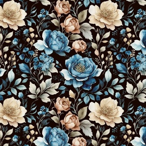 English Garden Roses Duckegg Blue and Champagne Gold on Black Background