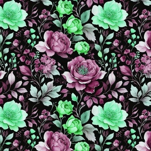 English Garden Roses Lime and Rose Pink Black Background