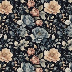 English Garden Roses Muted Slate Blue and Dusty Pink on Black Background