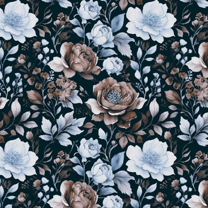 English Garden Roses Silver and Gold - Blue and Taupe Brown 