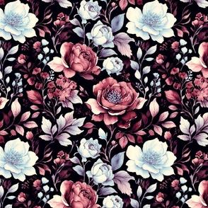 English Garden Roses Deep Rose Pink and Blue Moonlit Rose Red and White  on Black Background