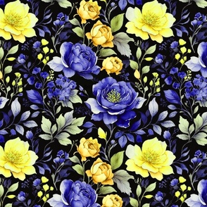 English Garden Roses Bright Purply Blue and Lime Yellow on Black Background