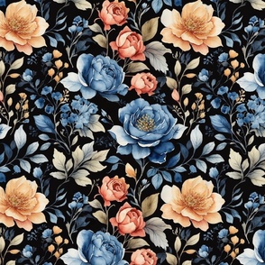 English Cottage Garden Roses Blue and Peachy Coral Orange on Black Background