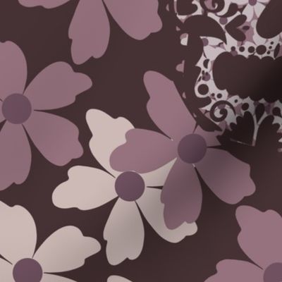 sugar skulls Hidden in a sea of blossoms shades of mauve, beige and purple - large scale