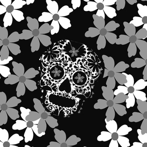 sugar skulls Hidden in a sea of blossoms shades of black, grey and white - large scale