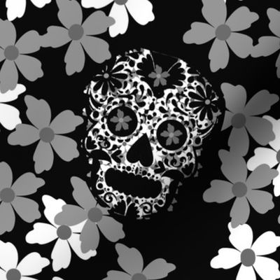 sugar skulls Hidden in a sea of blossoms shades of black, grey and white - medium scale