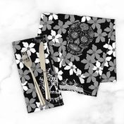 sugar skulls Hidden in a sea of blossoms shades of black, grey and white - medium scale