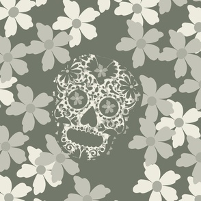 sugar skulls Hidden in a sea of blossoms shades of green / Artichoke - large scale