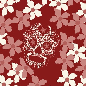 sugar skulls Hidden in a sea of blossoms shades of red, pink and white - large scale