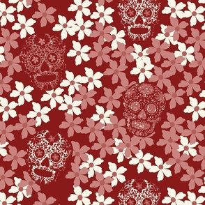 sugar skulls Hidden in a sea of blossoms shades of red, pink and white - medium scale