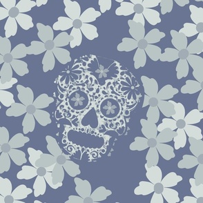 sugar skulls Hidden in a sea of blossoms shades of blue - large scale