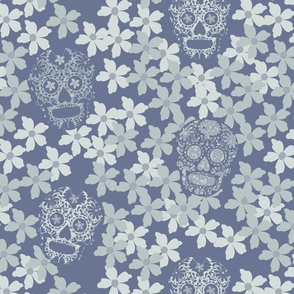 sugar skulls Hidden in a sea of blossoms shades of blue - medium scale
