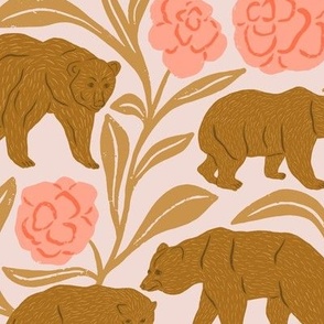 Bears and Blossoms in Pink | Small Version | Bohemian Style Pattern with Woodland Animals on a Soft Pink