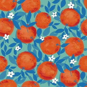 Oranges, white blossoms and blue, turquoise and cyan leaves  in aqua teal green - large -2