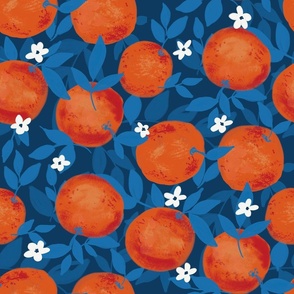 Oranges,  white blossoms and blue, turquoise and cyan leaves  in navy blue- large -2 