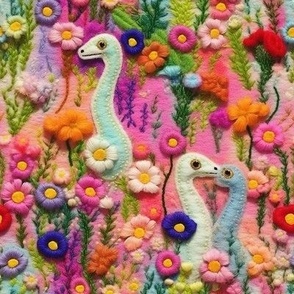 Felted dinosaurs and flowers