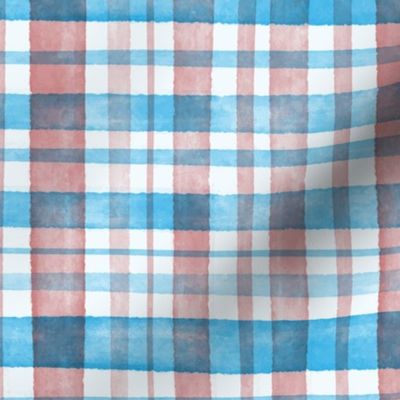 Mid Blue and Rose Watercolor Tartan Checked Plaid