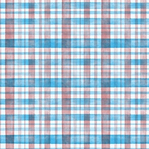Mid Blue and Rose Watercolor Tartan Checked Plaid