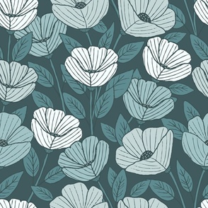 Moody Floral Poppies | LG Scale | Monochromatic Teal