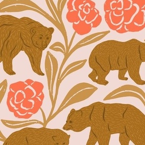 Bears and Blossoms in Pink | Small Version | Bohemian Style Pattern with Woodland Animals on a Soft Pink