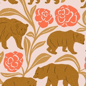 Bears and Blossoms in Pink | Medium Version | Bohemian Style Pattern with Woodland Animals on a Soft Pink
