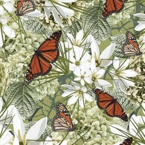 Flying Butterflies Flower Garden Insect Print | Monarch Butterfly Rustic Orange Leafy Green White Floral Pattern (Medium Scale)