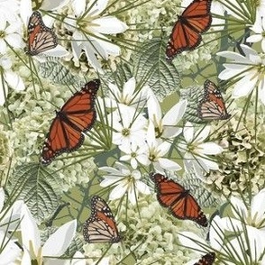 Monarch Butterfly Flower Garden Insect Print, Rustic Orange Leafy Green White Floral Pattern, Wildflower Artwork Painted Botanical, All over Floral Botanical Garden, Butterfly Garden Paradise, Magical Summer Butterfly Garden, Leafy Woodland Leaves (Small 
