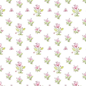 Pink and White Flowers "Lillybells" (small-ditsy) on white background by Mona Lisa Tello