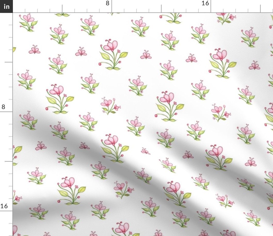 Pink and White Flowers "Lillybells" (small-ditsy) on white background by Mona Lisa Tello
