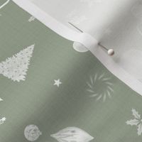 Christmas Holidays White Decoration Decals on Linen in Sage Olive Green