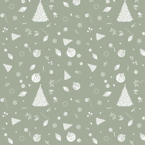 Christmas Holidays White Decoration Decals on Linen in Sage Olive Green