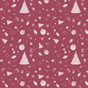 Christmas Holidays White Decoration Decals on Linen in Cranberry Muted Red