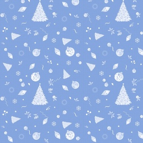 Christmas Holidays White Decoration Decals on Linen in Medium Light Blue Cornflower