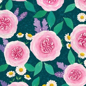 XL-English Roses on Dark Blue Green