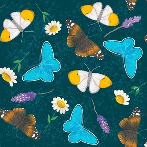 Large-Butterflies, lavender & daisies-Dark Blue