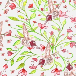 Pink Humming birds and pink flowers(Medium) on soft white background part of "Lillybells" collection by Mona Lisa Tello