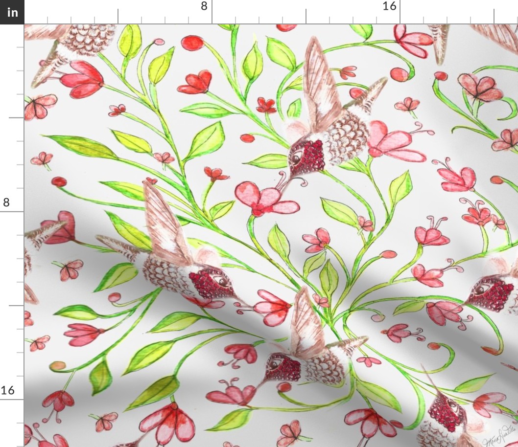 Pink Humming birds and pink flowers(Medium) on soft white background part of "Lillybells" collection by Mona Lisa Tello